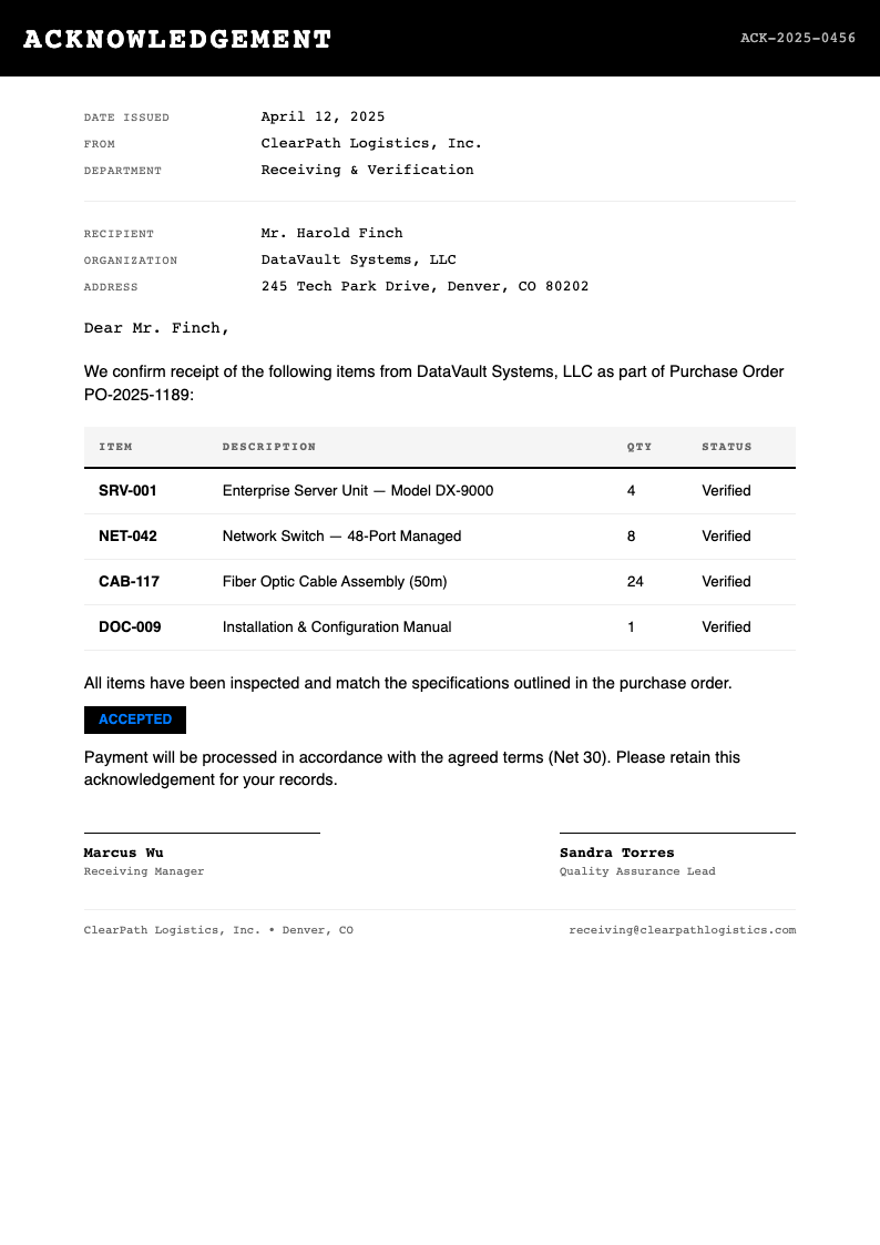 Minimalist invoice style acknowledgement letter